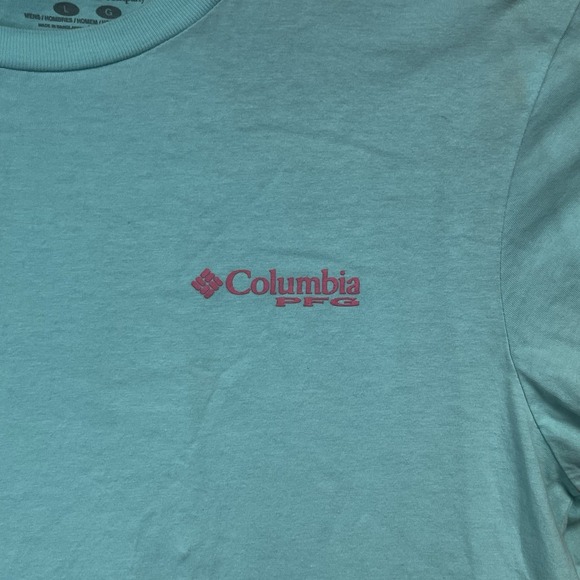 Columbia Mens PFG Short Sleeve Blue/Teal Shirt L Teal‎ Logo Elements of Fishing - Picture 4 of 6